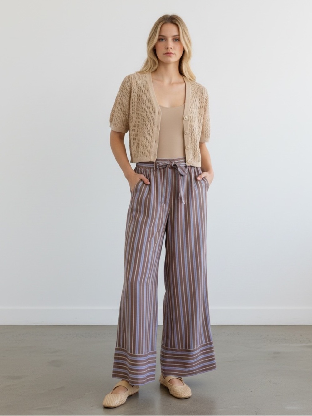 NWT Striped Wide-Leg Drawstring Cotton Pants in Taupe, brown and blue - Picture 3 of 3